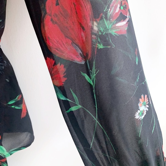 Express shirt black sheer flowered tie back blouse - Picture 5 of 6